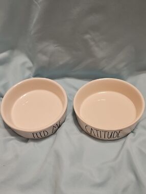 Set of Two White RAE DUNN Ceramic Cat Bowls - Feed Me & Catitude